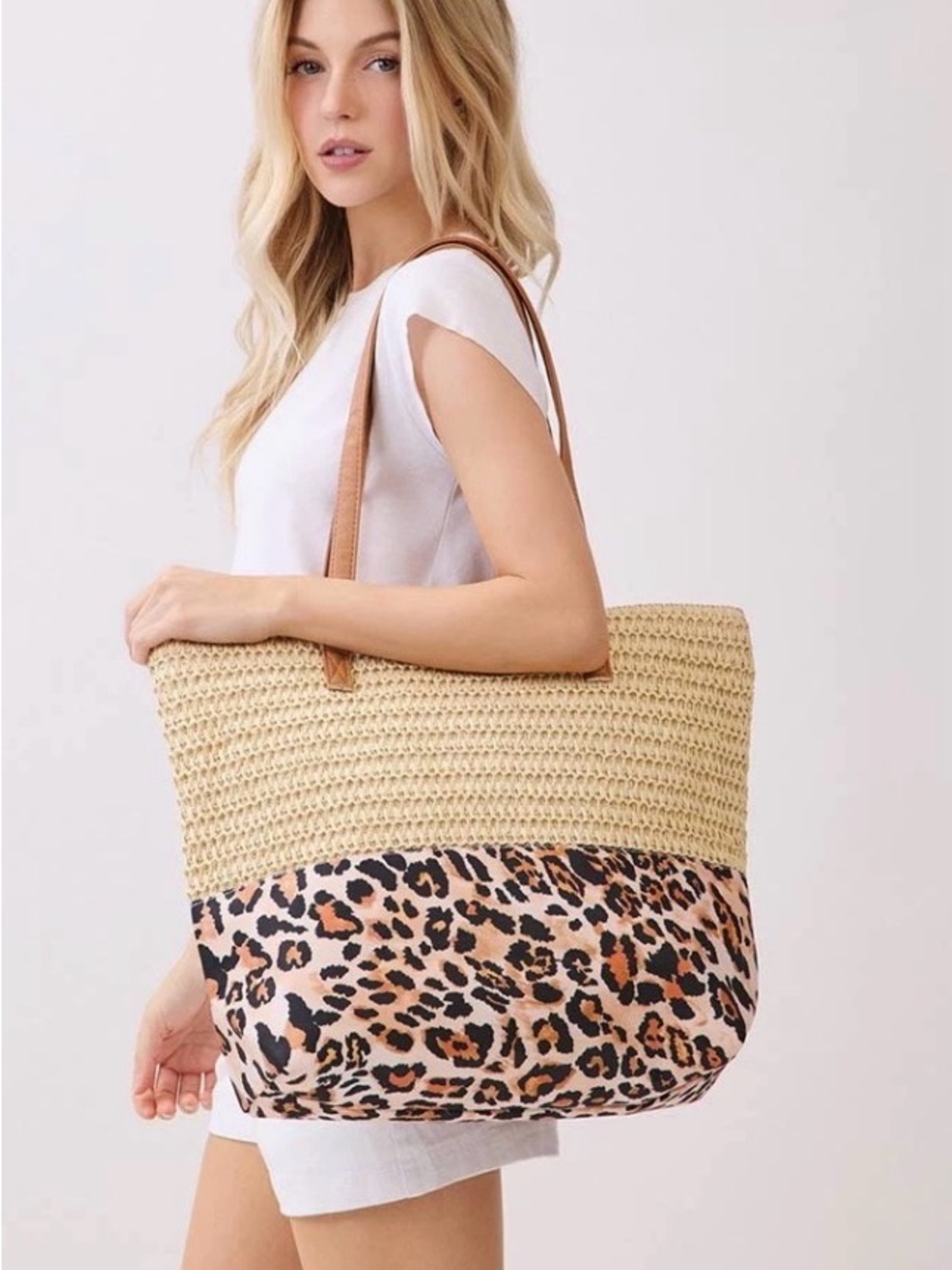Styline brand Leopard Print Straw Tote Bag, similar to model MB0352BE